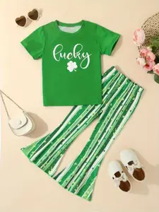 Girls' St Patrick's Day Letter Clover Pattern Short Sleeve T-Shirt & Bell Bottoms Set, Perfect for Outdoor Wear, Cute Style, Kid, Striped Sets, Matching Set