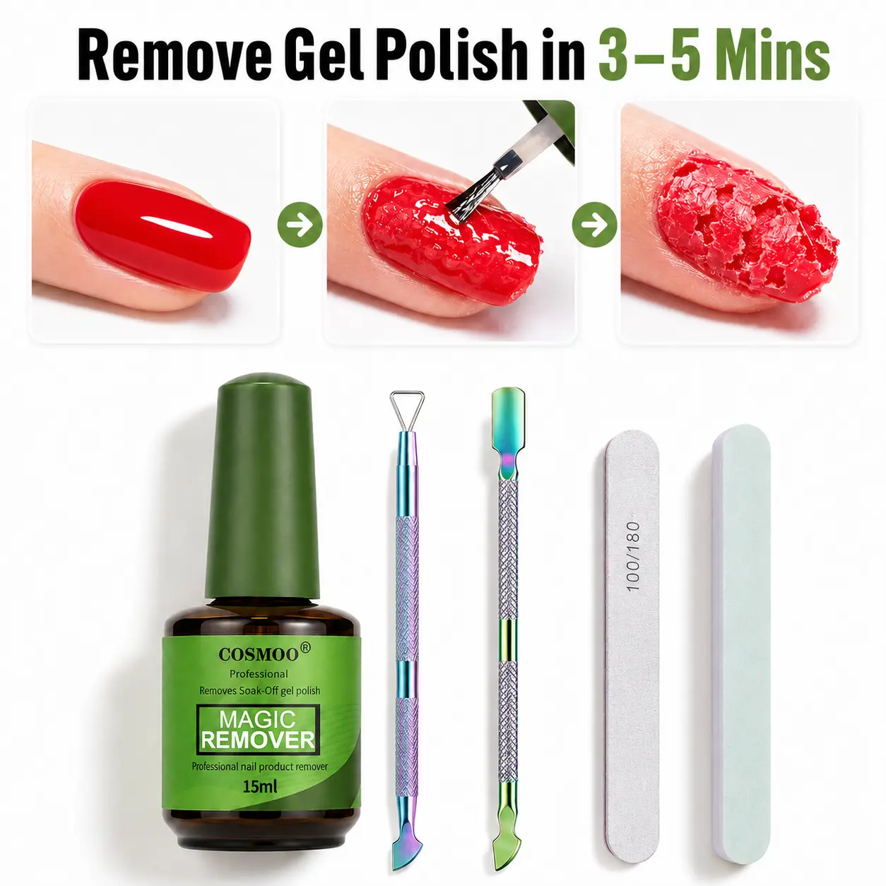COSMOO 15 ML Magic Gel Nail Remover Kit No Need Soaking or Wrapping Gel Remover for Nails 3-5 Minutes Easy And Quick