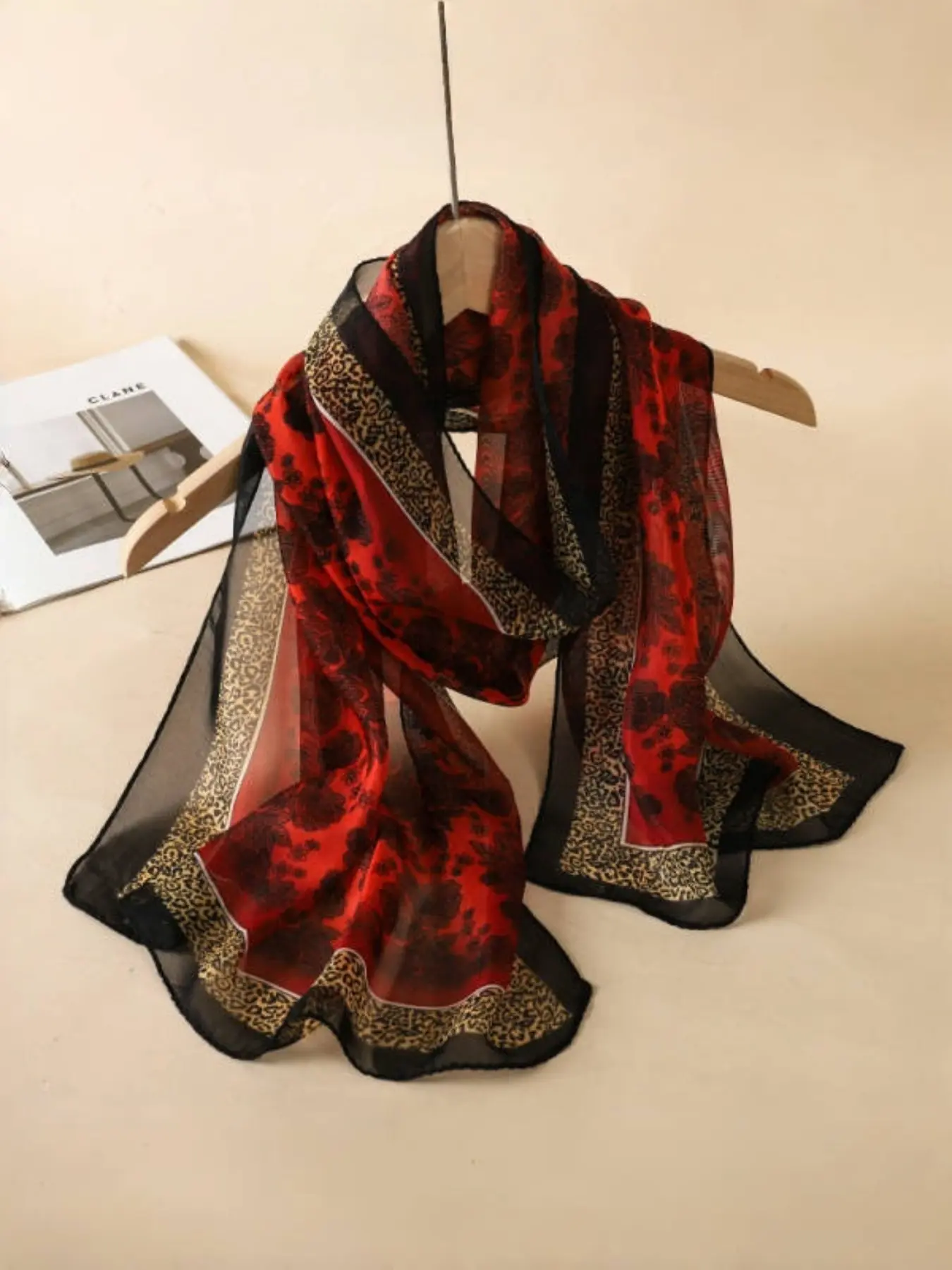 Women's Fashion Summer Sun Protection Scarf Leopard Print Chiffon Shawl, Stylish Hollow Out Design, Perfect for Outdoor Activities, Floral Print Scarf Polyester Shawl