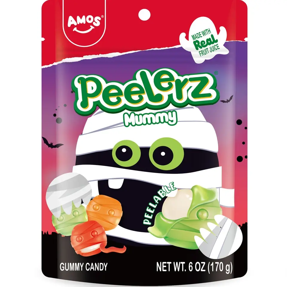 Amos Peelable Gummy Peelerz Halloween Snacks, Mummy & Pumpkin 6oz Soft Chewy Candies, Real Fruit Juice Fruit Sweet Candy, Sweet Halloween Treat