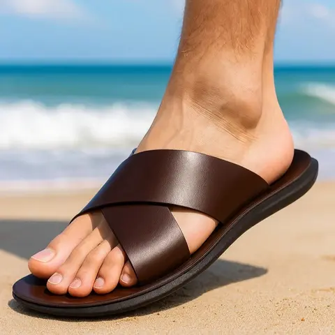 Men's Lightweight Modest Ankle Slip-On Criss Cross Microfiber Leather Casual Slippers Shoes - Anti-Slip Strap, Breathable, Durable Material, Simple Elegant Design, Polyurethane Sole, Foot-Fitting, Comfortable Black Home-to-Outdoor Footwear