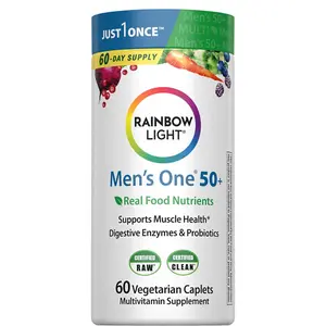 Rainbow Light Mens Multivitamin One + for 50 Plus | 60 Caplets | Supports Muscle Health | with Vitamins C, D, and Zinc | Real Food Nutrients, Digestive Enzymes & Probiotics