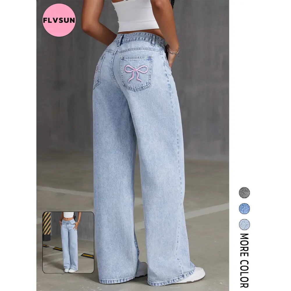 Flvsun Women's Mid-Waist Embroidered Bow Washed Denim Wide-Leg Bottoms - Multi-Pocket Basic Trouser, Minimalist Streetwear Clothes, Mid Waist Washed Denim Embroidered Jeans