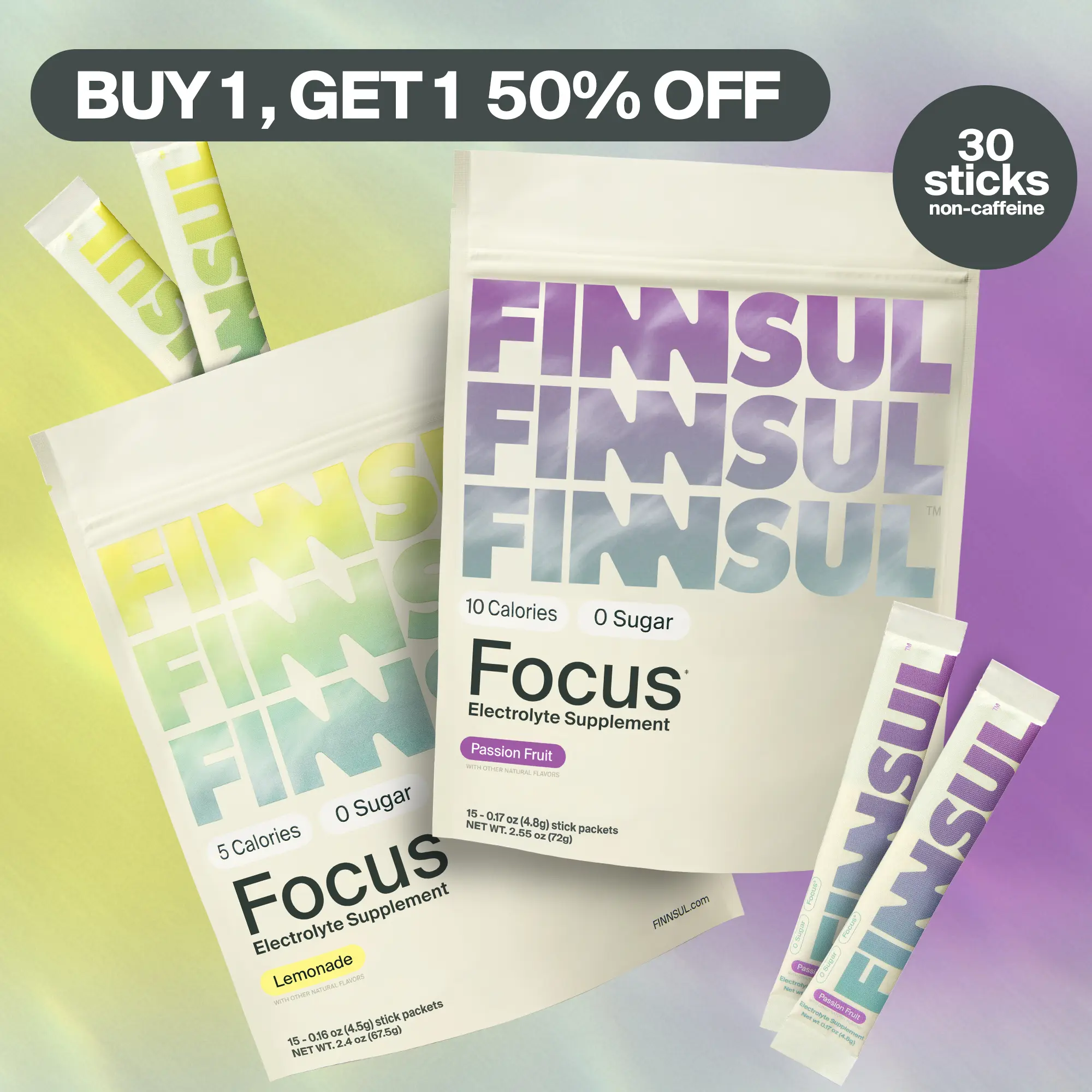 FINNSUL FOCUS Lemonade & Passion Fruit 2-Pack Bundle Drink Mix Cognizin, Magnesium, Biotin, Vitamin B for Energy, Hydration & Mental Clarity — Supports Memory, Concentration — Sugar Free, Low Calorie (30 Packets)