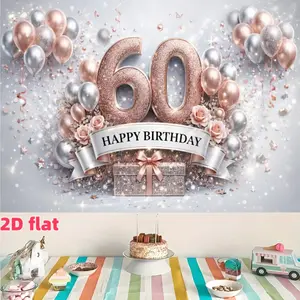 Luxury 60th Birthday Party Backdrop Banner, Rose Gold and Silver Ribbon, Balloons, Roses, Polyester Material, Wedding Decor