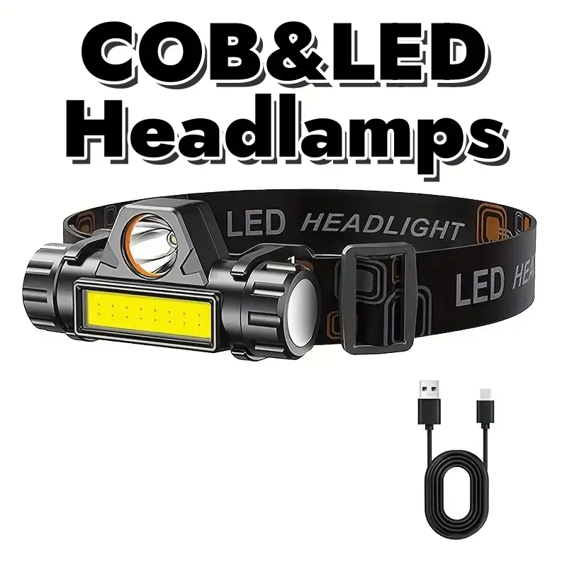 LED Headlamp Flashlight with Dual COB+LED Light Design, 90-Degree Adjustable Beam, Magnetic Base & Elastic Headband for Adults - Hands-Free for Garage Tasks, Camping, Focused Visibility