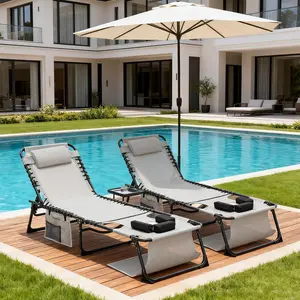 Tanning Chairs with Face Hole Set of 2, Teslin Folding Outdoor Lounge Chair with 5-Position Reclining Back for Sunbathing, Pool, Patio, Camping
