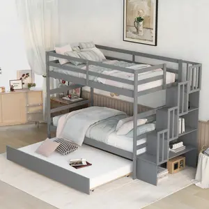 Twin over Twin Bunk Beds With Twin Trundle and Stairs, Stairway Bunk Bed Frame with Storage, Grey