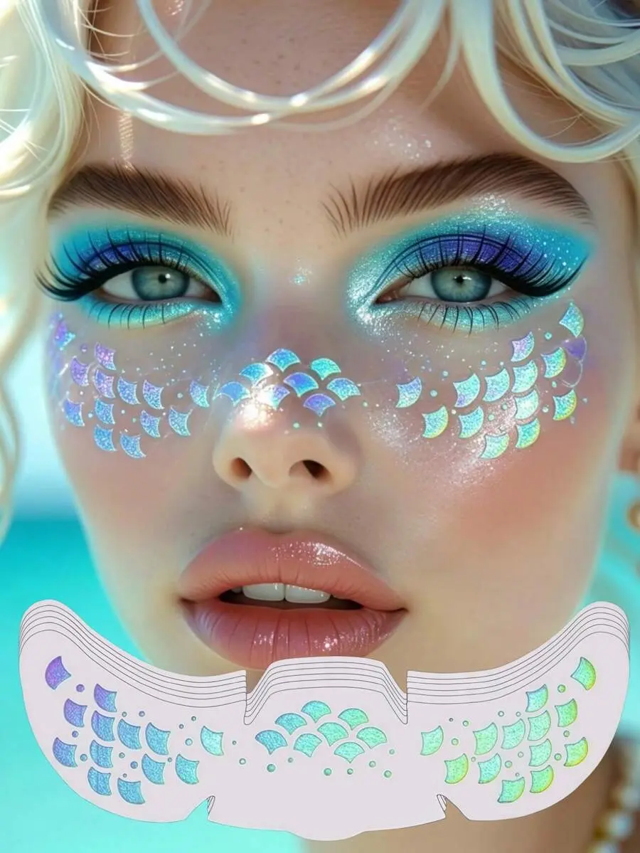 6 Sheets Mermaid Scales Halloween Face Tattoos Mermaid Face Gems Waterproof Fish Scales Makeup Stickers For Halloween Cosplay Karneval Birthday Party Beach Pool Festival Decorations