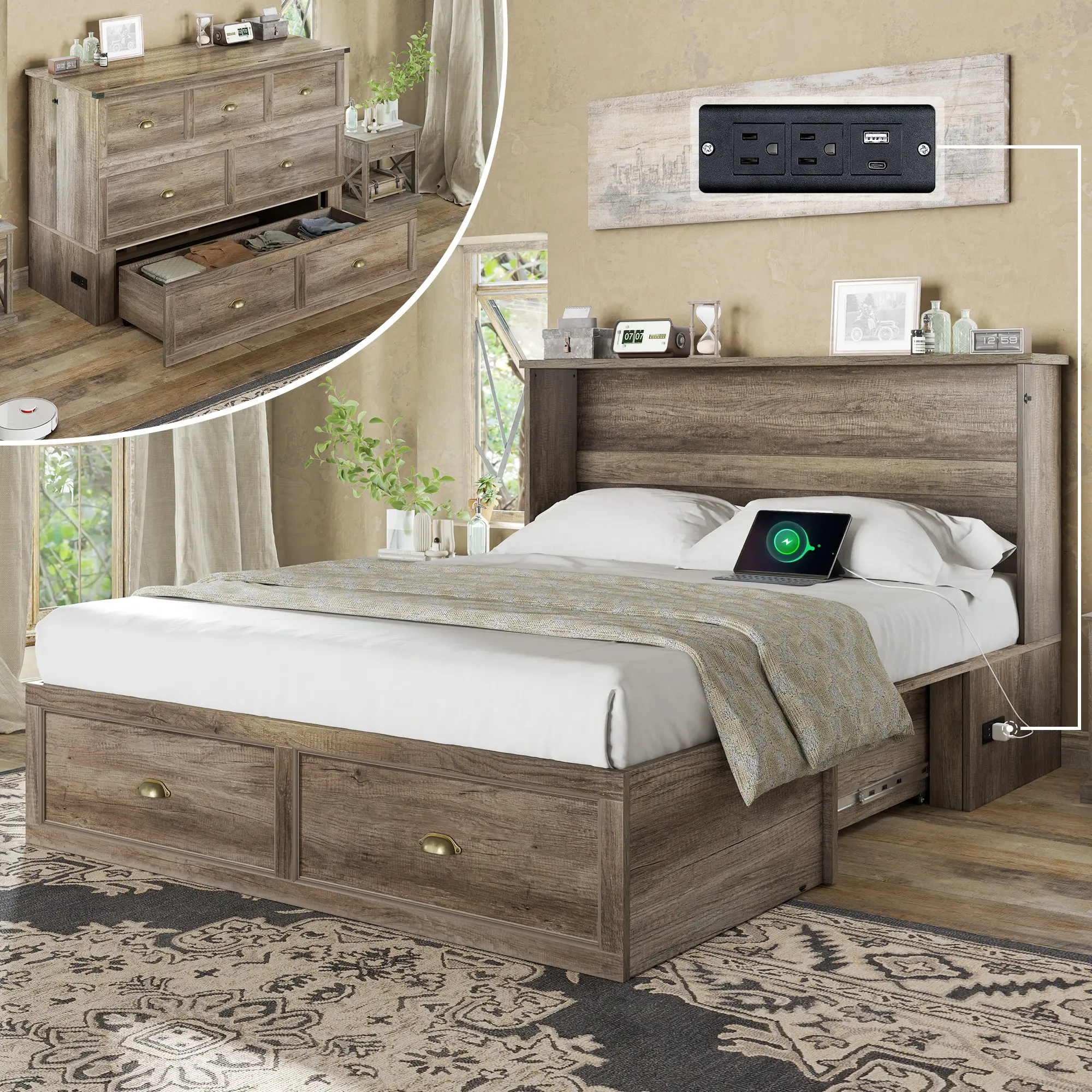 Amerlife Murphy Bed - Farmhouse Cabinet Bed with 6-Inch Tri-Fold Memory Foam Mattress, Storage Drawer, and Charging Station [Summerwins]
