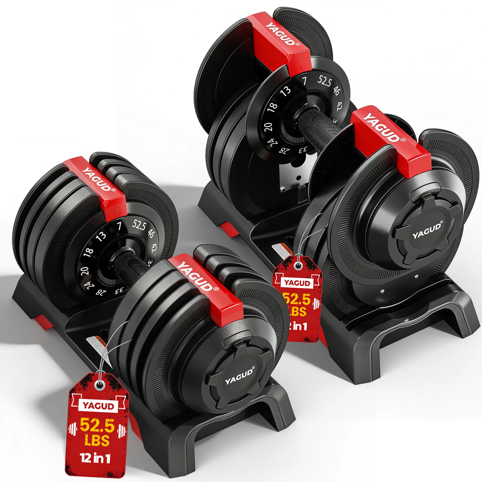 YAGUD Adjustable Dumbbell Set, 52.5/90 LBS, 12-Level Weight Adjustment, Safety Lock, Anti-Slip Handle, Space-Saving Design for Full-Body Home Workouts
