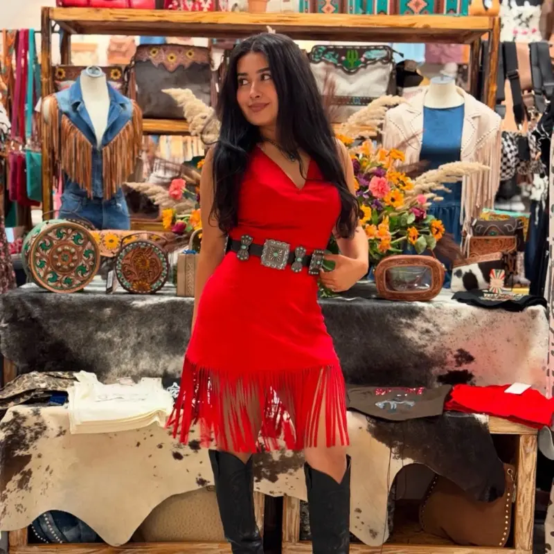 Red Buckstitch Stretch Suede Dress