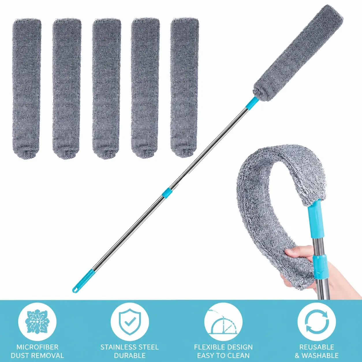 Extendable gap duster featuring a 48-inch handle and 5 microfiber cloths; a lightweight, washable duster ideal for cleaning appliances, furniture, sofas, and refrigerators. Designed with a twist-lock mechanism—a must-have for both dorms and homes.