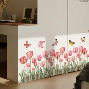 A (30*90cm) tulip spring butterfly skirting line wall sticker, living room entrance switch sticker, decorative and beautifying sticker, self-adhesive M20957-KR