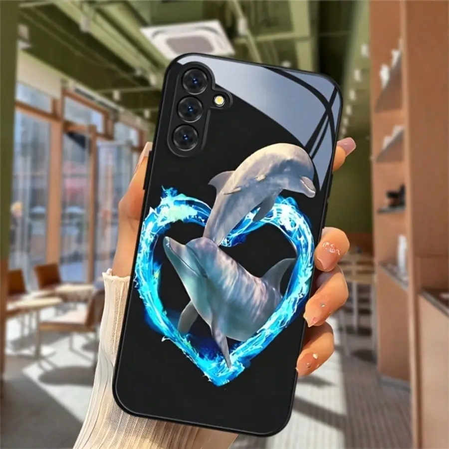 Premium Glass Smartphone Case with Creative Dolphin Print - Handheld Cellphone Protection Accessory for Samsung S25-S21, S20, A-Series & iPhone 17-11 Pro Max - Ideal Christmas Gift for Women’s Devices