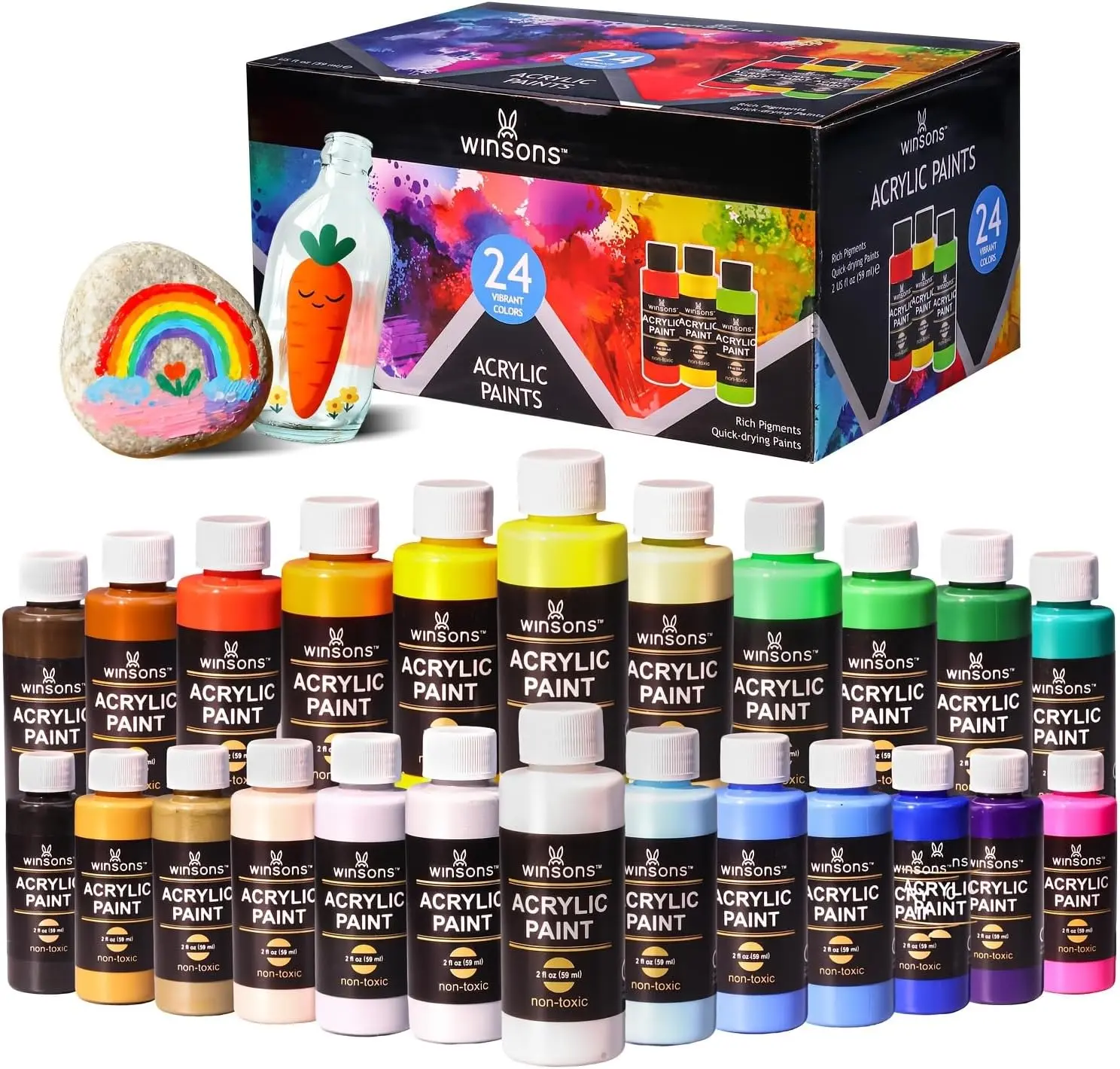 WINSONS Acrylic Paint Set - 24 x 2oz Rich Pigment Bottles, for Artists & Adults, Ideal for Canvas, Rock Painting