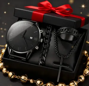 Men's 4-Pcs Plain Stainless Steel Jewelry Set - Round Watch, Bracelet, Necklace, Ring, Premium Casual & Formal Wear Accessories, Mens Gifts for Him (Christmas, Anniversary), Men's Jewelry