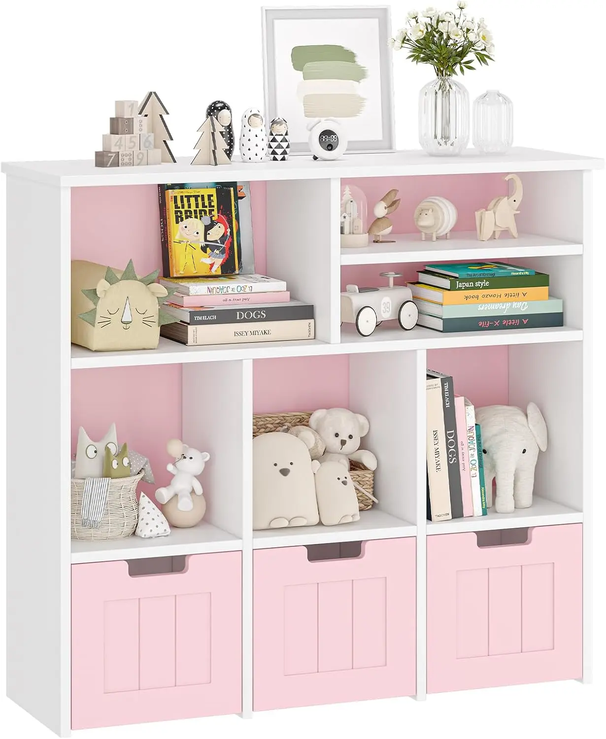GAOMON Toy Storage Organizer Kids Bookcase with 3 Movable Drawers Toy Storage Cabinet with Hidden Wheels Multifunctional Storage Chest for Playroom, Nursery and Bedroom, Pink