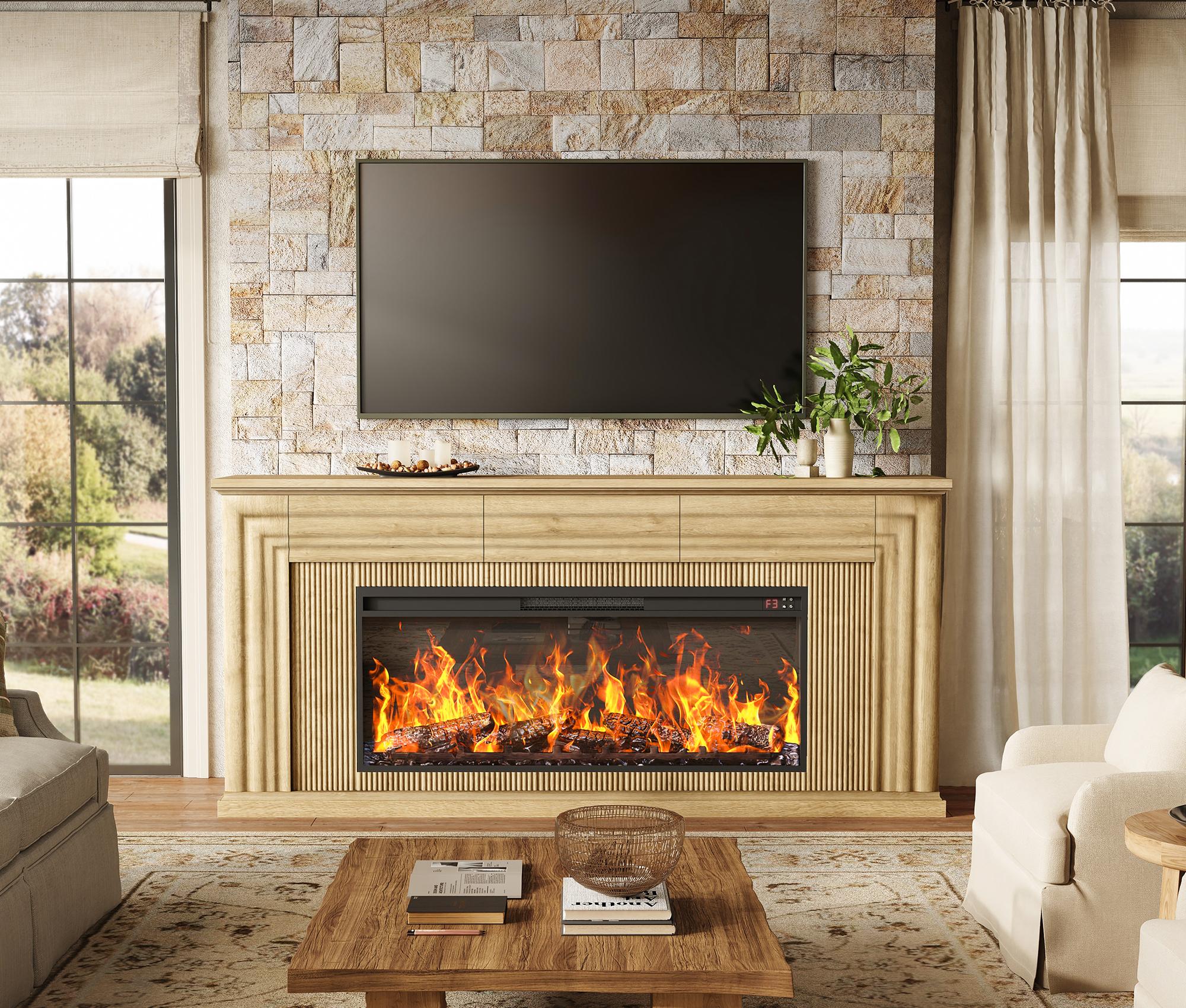 【2 Packages Shipping】PRAISUN 70'' Fireplace TV Stand with 42'' Electric Fireplace, Farmhouse TV Stand for 65 75 Inch TV, Entertainment Center TV Console with 3 Drawers, Fluted Design, for Living Room