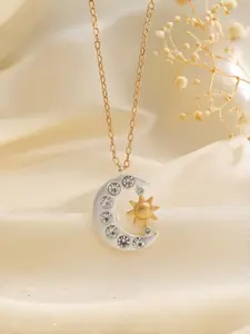 Star Moon Rhinestone Clavicle Necklace, Gold Silver Color Options, Moon Sun Design Luxurious Pendant, Fashion Accessory for Daily Wear, Charms Necklace, High End Necklace, Rhinestone Decorated Necklace