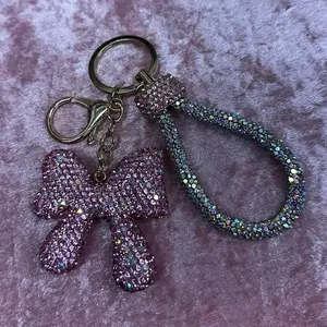 Rhinestones Bow Keychain with Glittery Design and Chain for Key Storage
