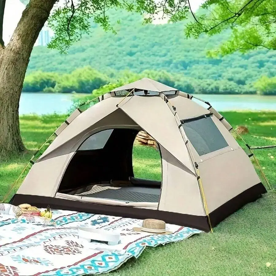 4-Person Auto Pop-Up Family Camping Tent - 78x78x59in, 2 Doors, Windows, Oxford Fabric, Quicksand Gold Camping Equipment, Quicksand Gold-With Windows