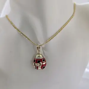 Cadenita 144 Fina Unisex Gold Plated y 926 Lady Bug Necklace with Red Enamel Design