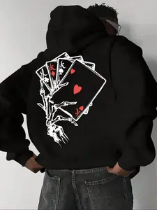 New Men's Skull Poker Card Print Hoodie, Casual Loose Fit Long Sleeve Graphic Sweatshirt, Fashion Pocket Design, Spring & Fall Wear