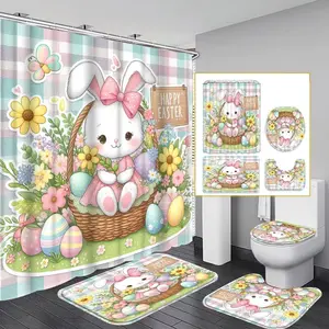 1/4pcs Easter Bunny Rabbit Princess and Egg Design Decorative Shower Curtain Set, includes non-slip mat, U-shaped rug, toilet seat cover, comes with 12 shower curtain hooks, Bathroom Decoration Accessories