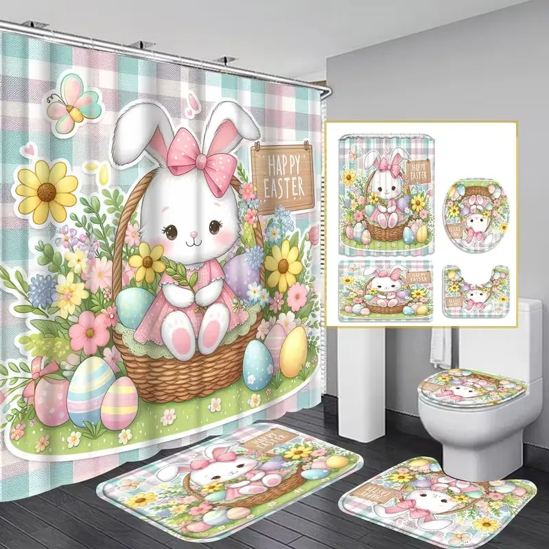 1/4pcs Easter Bunny Rabbit Princess and Egg Design Decorative Shower Curtain Set, includes non-slip mat, U-shaped rug, toilet seat cover, comes with 12 shower curtain hooks, Bathroom Decoration Accessories