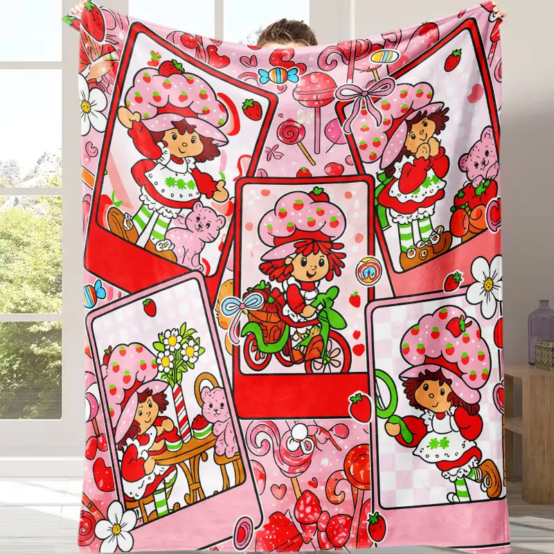 Strawberry Shortcake Flannel Printed Blanket - Sweet Girl & Cat Cartoon Print, Soft Lightweight Fluffy Cozy, All Seasons Decorative Soft Bedding Throw for Girls' Room Sofa, Nostalgic Fan Gift for Cozy Setup, Snug as a Bug in a Rug, All Seasons Blanket, Fl