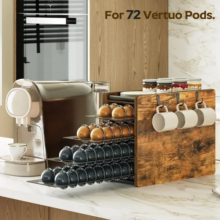 【LIMITED‑TIME DEAL】YATINEY Coffee Pod Drawer Holder, 72 Pods Large Capacity, 4 Tier Holder for Vertuo, Coffee Pod Organizer for Countertop, Storage Rack for Nespresso Vertuo Pods, Space Saving, Rustic Brown#DealsforYouDays #SummerGarden