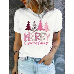 Women's Christmas Graphic T-Shirt - Merry Christmas Lettering with Checkered, Leopard & Plaid Tree Designs - Breathable Round Neck Casual Top - Machine Washable Holiday Gift Apparel, Christmas Tshirts, Seasonal Clothing, Festive Design, Soft Material, Fes
