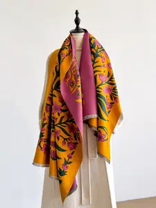 Women's Floral Pattern Raw Trim Shawl, Girlfriend Gifts, Imitation Cashmere Long Scarf, Casual Soft Warm Thick Double Sided Scarf for Fall & Winter, Fashion Accessories for Daily Wear, Floral Print Shawl, Fashion Shawl Wrap, Boho Shawl