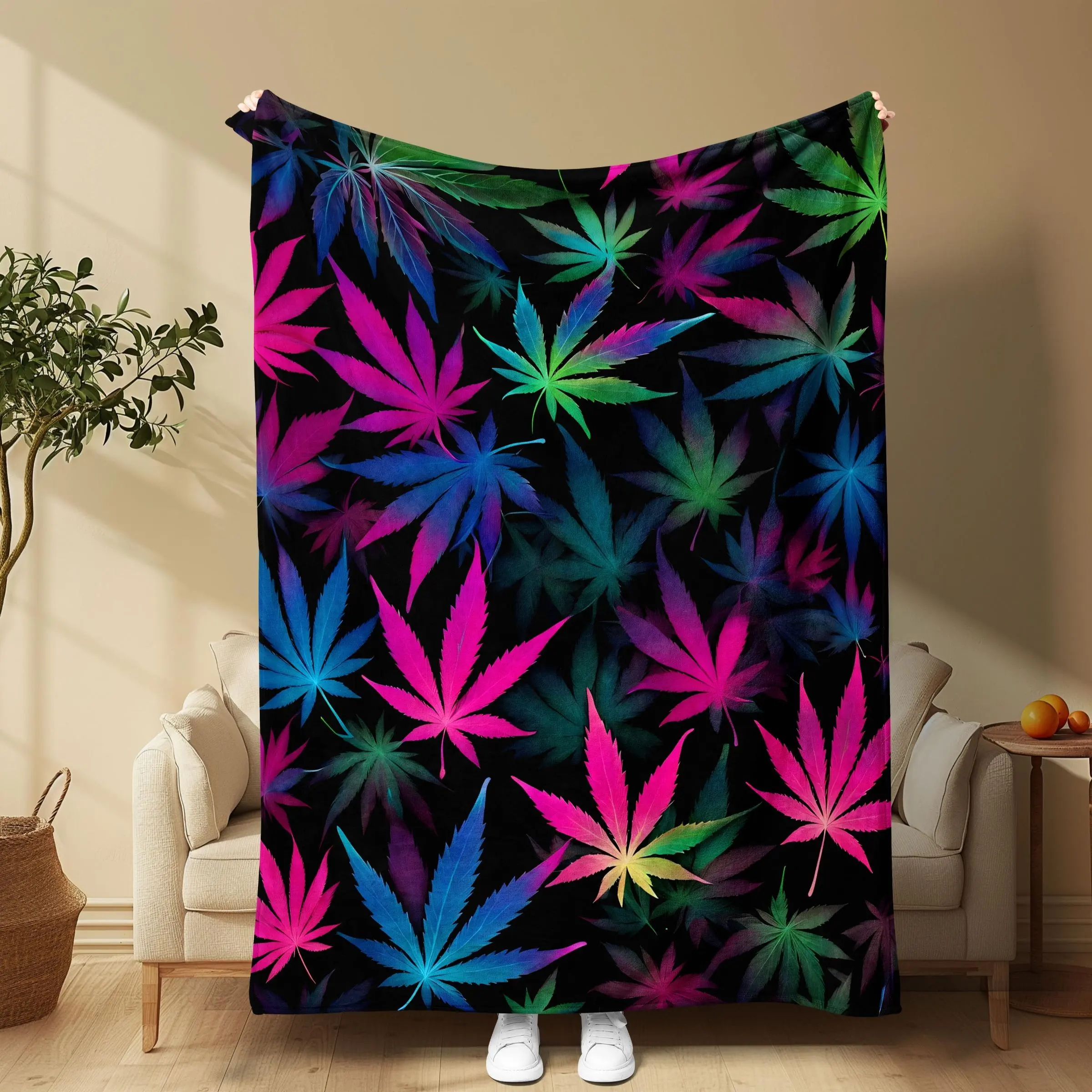Marijuana Leaf Pattern Blanket, Soft Comfortable Throw Blanket, Cool Bedroom Bedding Blankets, Warm Fabric Napping Blanket For Home Office Travel Camping