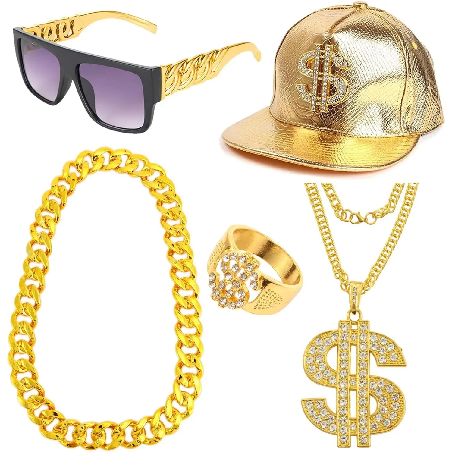 Dollar Men's Retro 80s-90s Hip Hop Costume Set - Adjustable Fit, Skin-Friendly, Includes $ Symbol Baseball Cap, Gold Money Chain, Punk Sunglasses, Faux Ring & Classic Summer Rapper Accessories