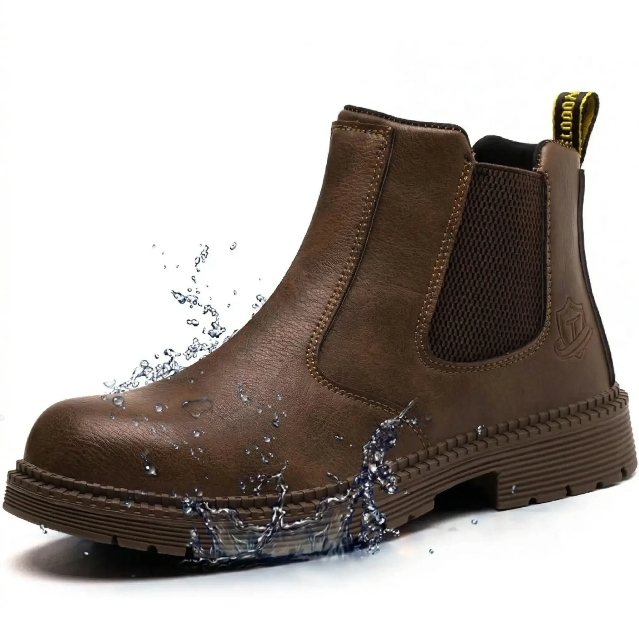 WKK Waterproof Steel Toe Boots For Men 6 Inch Leather Slip On Safety Work Boots Mens Brown Closed Toe Durable Non Slip Industrial Construction Boot Anti Slip Durable Outdoor Footwear