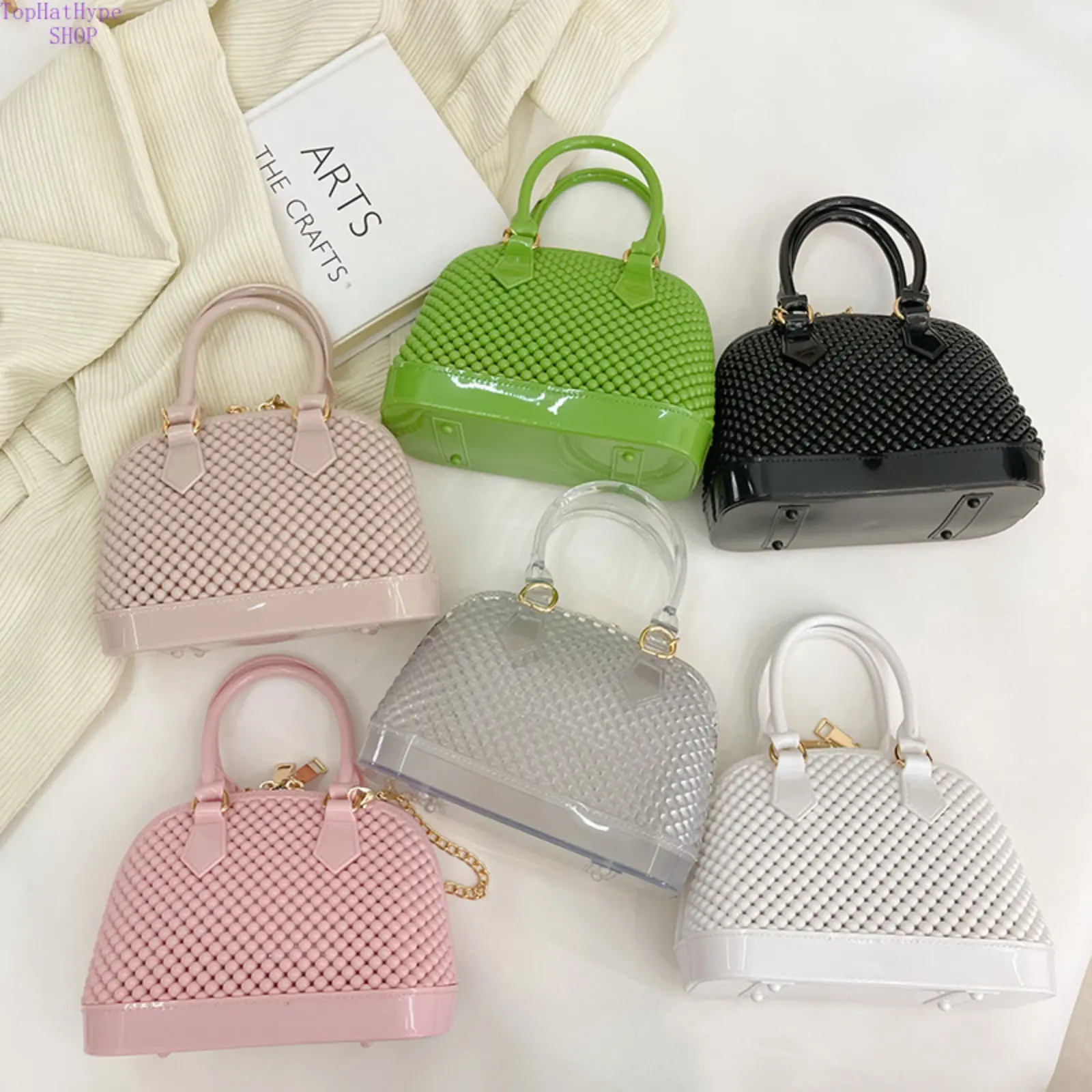 2026 Summer New Woven Jelly Dome Fashion Purses - Candy Color Women's Top Handle Crossbody Handheld Bag, Cute Shell Kids' Casual Use Accessory