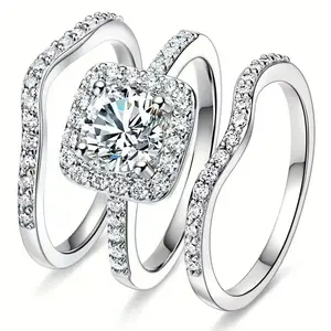 Three-piece set of simple and elegant square zircon stack style rings for women, exquisite jewelry, perfect wedding gift for girlfriend, bestie, or mom