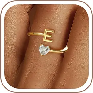 Gold Initial Rings for Women Girls - K Gold Plated Adjustable Letter A-Z Initial Ring Dainty Heart Zirconia Rings for Women Teen Girl Gifts