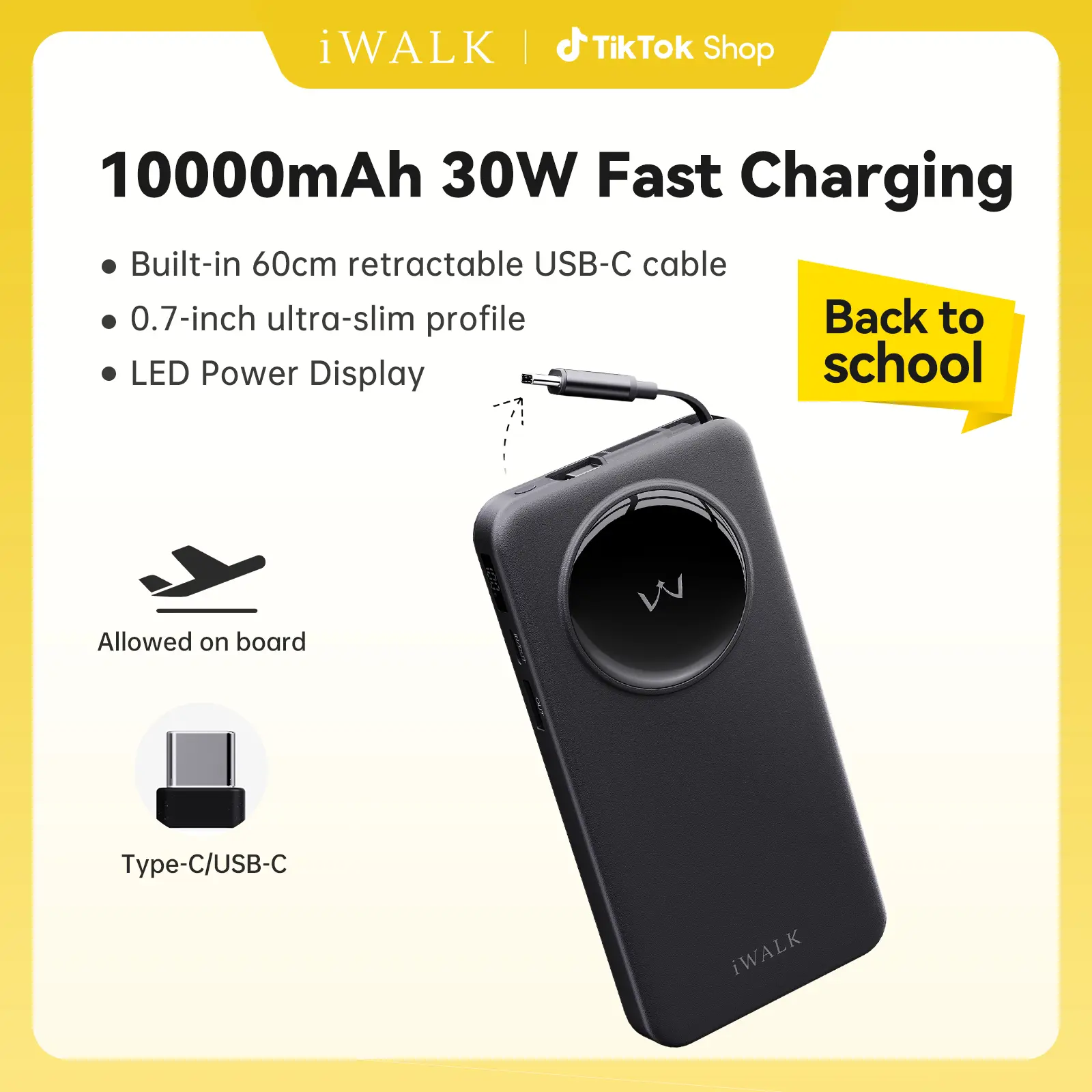 iWALK 10000mAh Ultra-Thin 30W PD Protocol Power Bank - Portable Chargeable Device with Built-in Retractable USB-C Cord, White Compact Accessory for Smartphone, Mobile Phone, iPhone 16 Pro Max, Outdoor Use,back to school,back to school haul