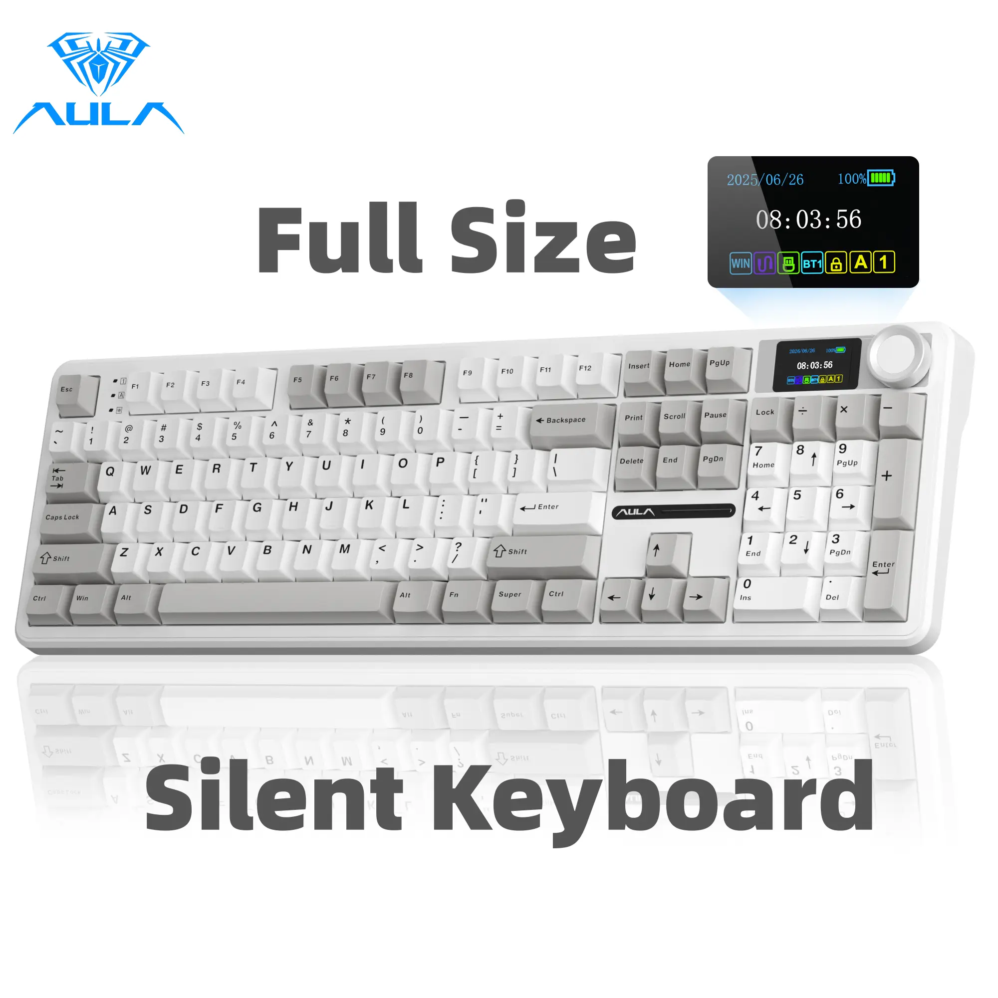 [Silent]AULA F108 Pro Silent Wireless Custom Mechanical Keyboard, Full Size Keyboard with Smart TFT Display&Knob Number Pad ,Tri-Mode BT/2.4G/USB-C,Hot Swappable,Pre-lubed Linear Switches,PBT Keycaps, RGB Backlit,White Gray  Keyboard for PC Mac Laptop