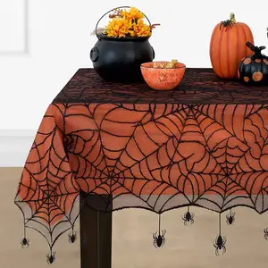 Crawling Halloween Spider Lace Table Runner and Mantle Scarf - 13" x 70" - Black - Elrene Home Fashions