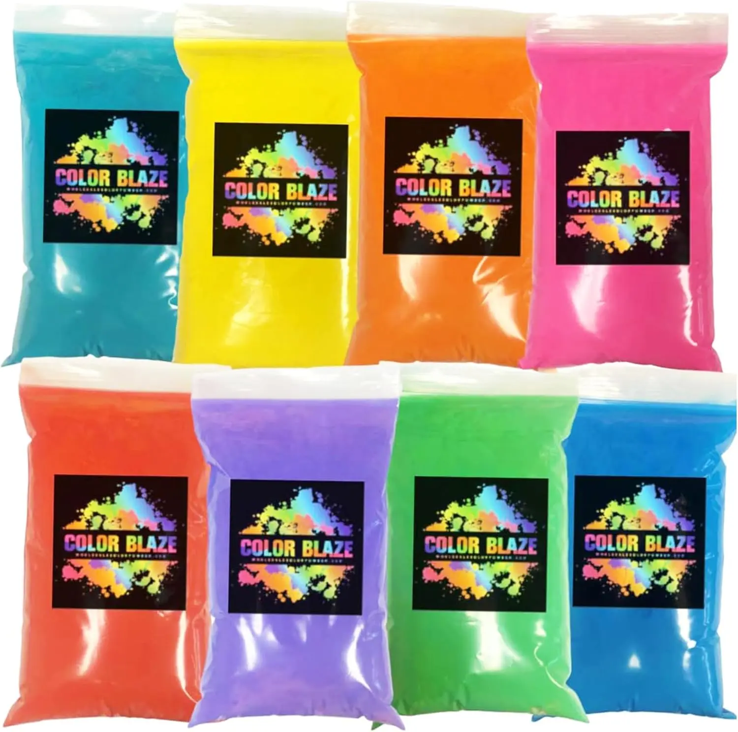 Color Blaze Holi Colored Powder - 1 lb of Each Color - Pink, Red, Orange, Yellow, Green, Teal, Blue, Purple - for Fun Runs, Toss, Rangoli, Color War, Party & Festivals - Total Pack of 8 Pounds