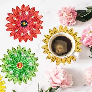 8 Piece Floral Diamond Painting Coasters, DIY 5D Vintage Coasters with Metal Stand, Non-Slip Drink Coasters, Desktop Decor, Gift for Adults and Beginners