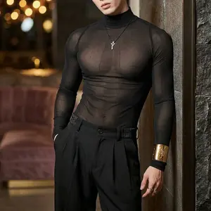 INCERUN Men's Classic Minimalist Long Sleeve T-Shirt - All-Season Solid Color Turtleneck Sheer Mesh Base Layer, Slim-Fit Mensfashion Layering Top for Nightclub Parties,summervibes