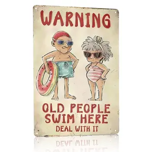 Funny Metal Pool Sign "Old People Swim Here" - Vintage Rustic Wall Decor for Pool, Patio, Humorous Outdoor Sign with Retro Design and Playful Characters, Summer Artwork Decor, 8x12 Inch