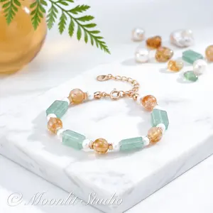 Natural Yellow Phantom Quartz & Pearl Bracelet | S925 Silver Mint Green Gemstone Bangle | Healing Crystal Aesthetic Jewelry Gift