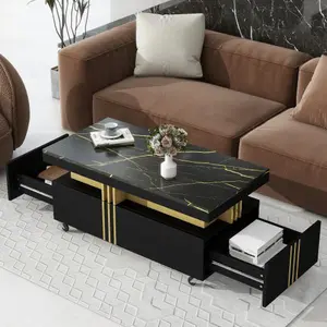 Bellemave ON-TREND Contemporary Coffee Table with Faux Marble Top Rectangle Cocktail Table with Caster Wheels Moderate Luxury Center Table with Gold Metal Bars for Living Room Black Heavy Duty Bunkbeds Bedframe