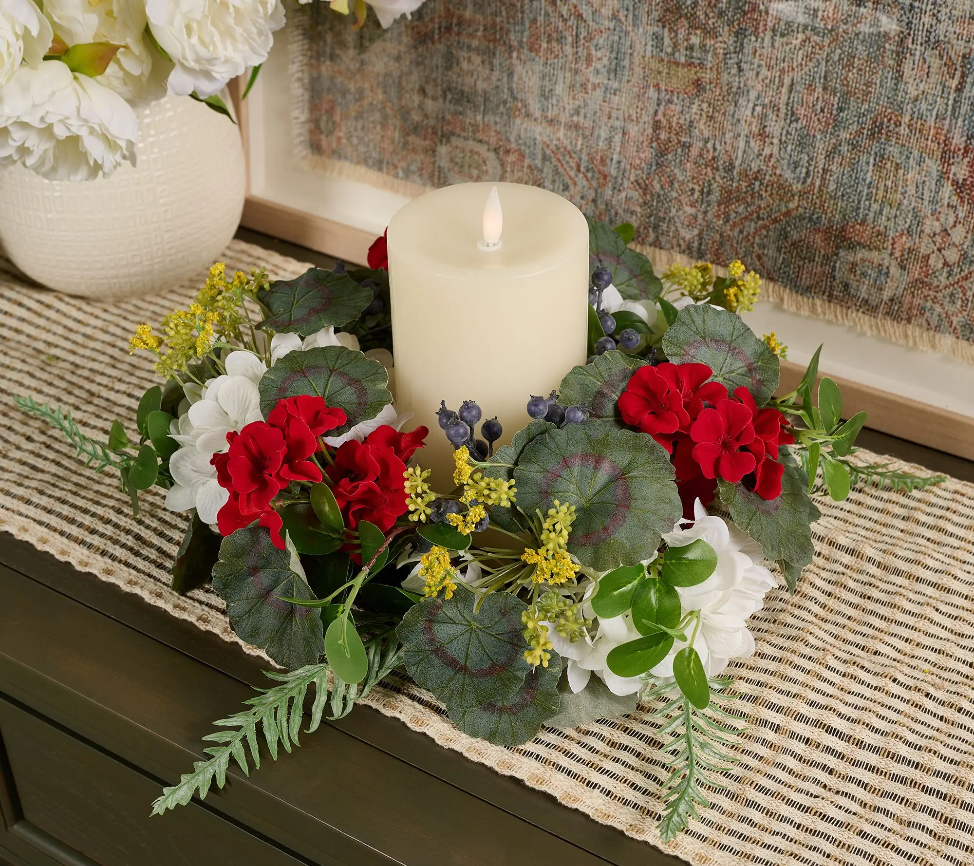 Geranium, Hydrangea, and Berry Candle Ring by Valerie